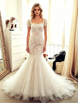 White Mermaid Tulle Lace Puff Sleeve Wedding Dress