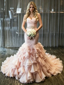 Pink Mermaid Tulle Strapless Pleats Wedding Dress