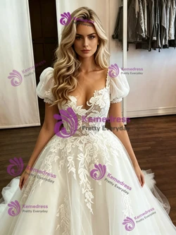 White Tulle Puff Sleeve Appliques Wedding Dress