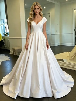White Satin V-neck Cap Sleeve Wedding Dress