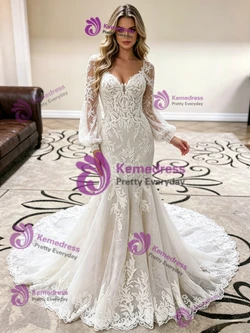 White Mermaid Tulle Lace Long Sleeve Wedding Dress
