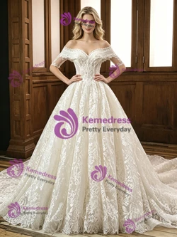 Beige White Lace Short Sleeve Wedding Dress