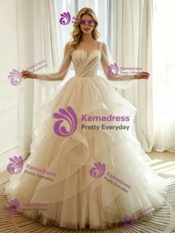 Ivory Tulle Long Sleeve Pleats Wedding Dress