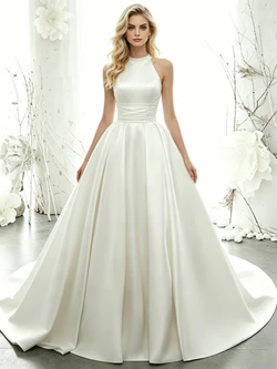 White Satin Halter Pleats Wedding Dress
