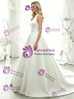 White Satin Halter Pleats Wedding Dress