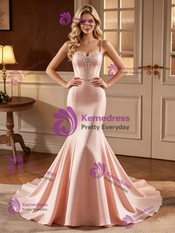 Pink Mermaid Satin Spaghetti Straps Beading Prom Dress