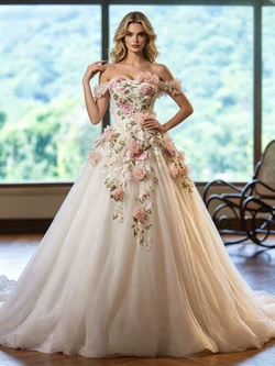 Ivory Tulle Off the Shoulder Appliques Wedding Dress