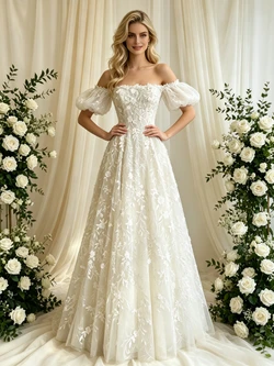 White Lace Off the Shoulder Puff Sleeve Wedding Dress