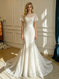 White Mermaid Lace Scoop Neck Wedding Dress