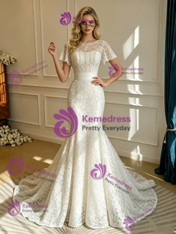 White Mermaid Lace Scoop Neck Wedding Dress