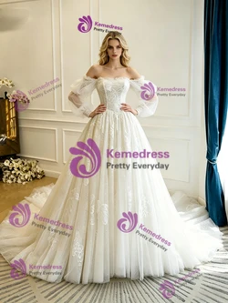 White Tulle Lace Long Sleeve Wedding Dress