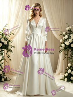 Ivory Satin Long Sleeve V-neck Wedding Dress