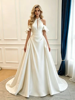 Beige White Satin Halter Pleats Wedding Dress