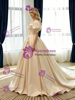 Champagne Satin Puff Sleeve Pleats Wedding Dress