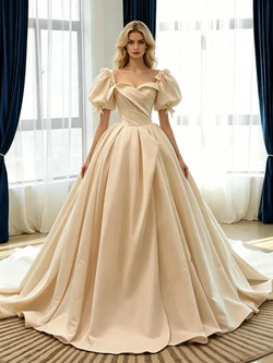 Champagne Satin Puff Sleeve Pleats Wedding Dress