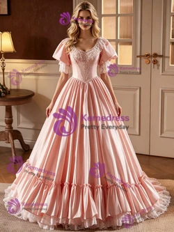 Pink Satin Short Sleeve Lace Wedding Dress