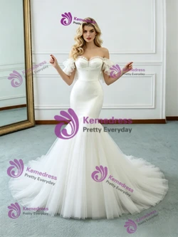 Beige White Mermaid Tulle Wedding Dress