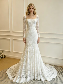 White Mermaid Lace Long Sleeve Wedding Dress