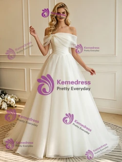 White Tulle Off the Shoulder Pleats Wedding Dress