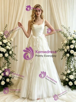 Beige White Tulle Straps Pleats Wedding Dress