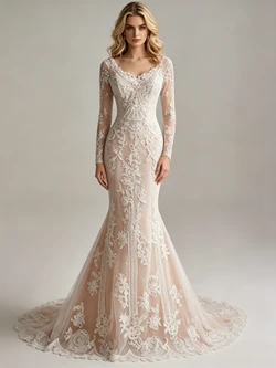 Champagne Mermaid Lace Appliques Long Sleeve Wedding Dress