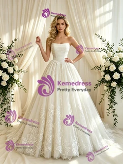 Beige White Tulle Appliques Strapless Appliques Wedding Dress