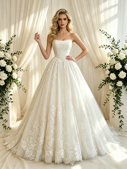Beige White Tulle Appliques Strapless Appliques Wedding Dress