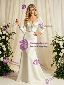 Long Sleeve Satin Beading Wedding Dress