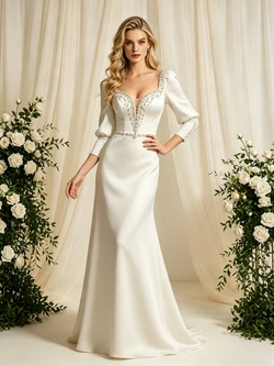 Long Sleeve Satin Beading Wedding Dress