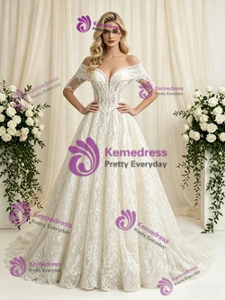 White Lace Short Sleeve Off the Shoulder Wedding Dress