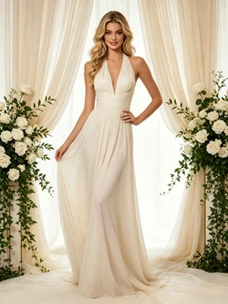 Light Champagne Chiffon V-neck Pleats Wedding Dress
