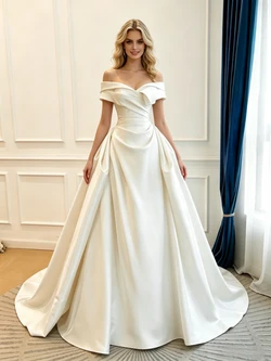 Ivory Satin Off the Shoulder Pleats Wedding Dress