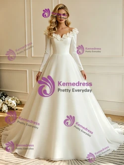 White Tulle Off the Shoulder Flower Wedding Dress