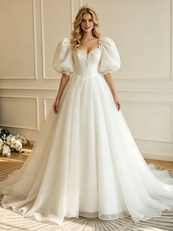 White Tulle Puff Sleeve Wedding Dress