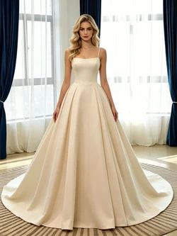 Champagne Satin Spaghetti Straps Wedding Dress
