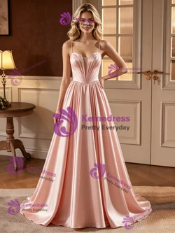 Pink Satin Spaghetti Straps Pleats Wedding Dress
