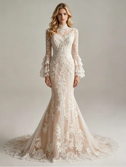 Champagne Mermaid Long Sleeve Appliques Wedding Dress