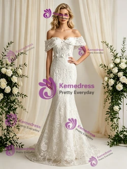 White Mermaid Lace Off the Shoulder Wedding Dress