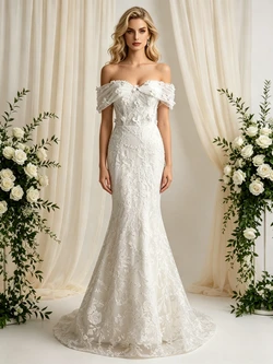 White Mermaid Lace Off the Shoulder Wedding Dress