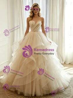 Ivory Tulle Pleats Straps Wedding Dress