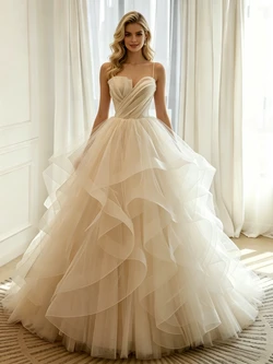 Ivory Tulle Pleats Straps Wedding Dress