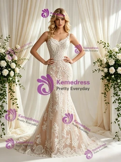 Champagne Mermaid Lace Straps Wedding Dress