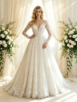 White Tulle Lace V-neck Wedding Dress