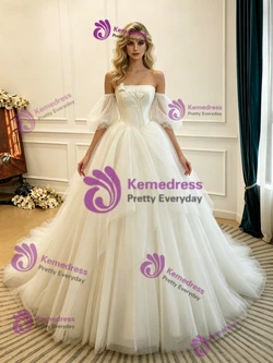 Beige White Tulle Off the Shoulder Wedding Dress