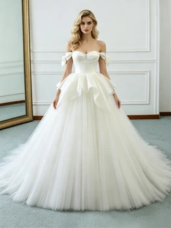 Beige Wite Tulle Off the Shoulder Wedding Dress