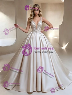 Ivory Satin V-neck Beading Wedding Dress