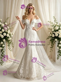 White Mermaid Lace Spaghetti Straps Wedding Dresst