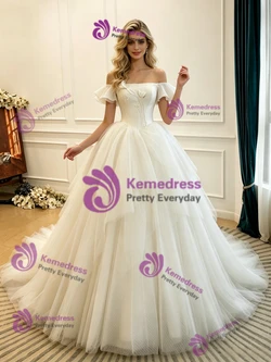 Beige White Tulle Off the Shoulder Wedding Dress