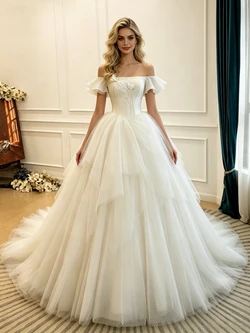 Beige White Tulle Off the Shoulder Wedding Dress