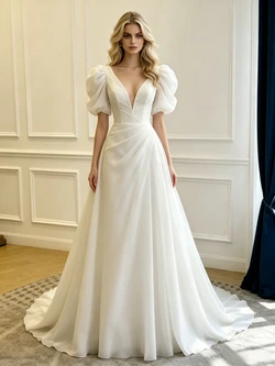White Tulle V-neck Puff Sleeve Pleats Wedding Dress